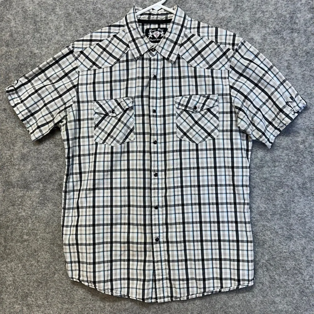 English Laundry Lions Crest Shirt Mens Large Plaid Black Short Sleeve Pearl Snap